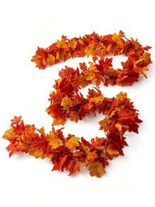 1 pieza Enredadera de hojas de arce artificial - Naranja Rojo, Tela de seda, Adecuado para otoño, Halloween, decoración del hogar para el festival de la cosecha, decoración de mesa, decoración de chimenea, decoración de barandilla de escalera, decoración de marco de puerta