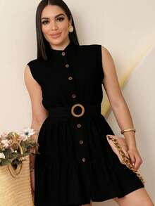 Women's Tank Dress With Buttons And Belt - Black - View 2