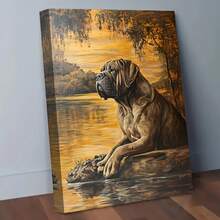 2D Flat, 1pc Naples Mastiff Canvas Wall Art Wood Framed  Lakeside Sunset Painting, Realistic Dog Portrait With Golden Hues, Textured Canvas Art For Living Room Decor, I For Art Lovers & Interior Design Enthusiasts, Decor Aesthetic, Detailed Brushwork