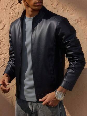 男士休闲百搭纯色皮夹克，秋冬