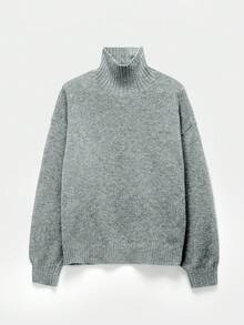 FOR BEAUTY 女士高领浅灰色简约通勤风毛衣，时尚修身，优雅时尚，罗纹长袖休闲日常通勤宽松针织套头衫，新年必备 - 淺花灰 - 查看 4