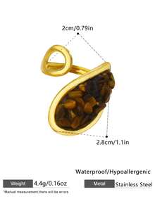 1pc Elegant Oval Textured Natural Stone Jewelry, Geometric Criss-Cross 18K Gold Plated Stainless Steel Adjustable Ring, Suitable For Women, Couples, Daily Wear, Parties, Halloween, Gifts For Friends