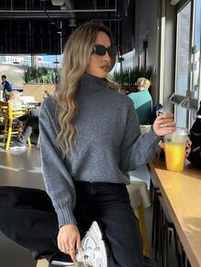 FOR BEAUTY Women's Autumn/Winter New High Neck Gray Simple Commuter Style Sweater, Fashionable Slim Fit, Elegant And Stylish, Ribbed Long Sleeve Casual Everyday Commute Relaxed Knit Pullover, Suitable For Carnival, New Year, Valentine's Day - Dark Grey - View 2