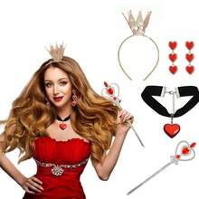 8 件套万圣节女王角色扮演服装配饰套装，包括带心形水钻的金色皇冠头饰、红色心形宝石权杖和心形耳环，适合女士和女孩派对 - 彩色 - 查看 9