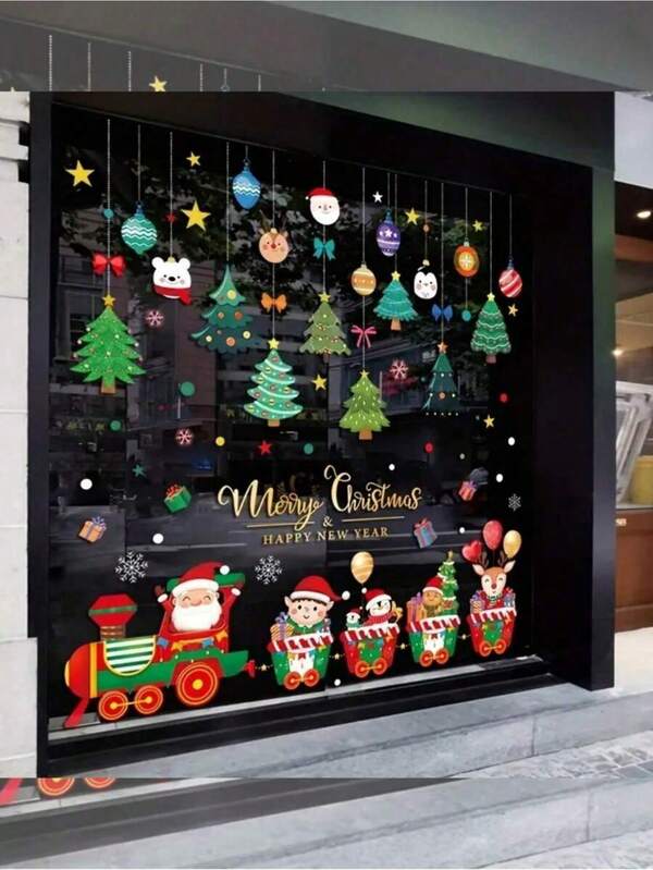 1 pezzo Adesivo statico decorativo natalizio - Babbo Natale, trenino in miniatura, albero di Natale, per negozi, esposizioni, porte in vetro