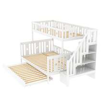 Letto per bambini 90x200 cm, letto a castello in legno massello con scala e letto estraibile, rete a doghe, ampio spazio di archiviazione, bianco