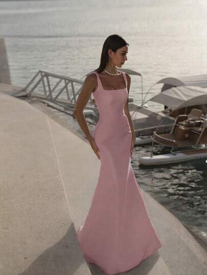 Basrey Babyrosa spaghettibandsklänning med hög midja och rygglös brudtärneklänning, lämplig för bröllop, möhippa, semestrar, galor, brudar, vita klänningar
