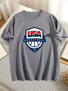 New USA Basketball T-Shirt, Mens Womens Black White Shirt Y2K -Round-Neck T-Shirt,Everyday Casual Cotton T-Shirt,Lightweight Summer Fall Shirt, Year-Round Essential Sweatshirt Loose Tee,New Years Outfit Women Winter Clothes For Women,Graphic Tee - Grey - View 2