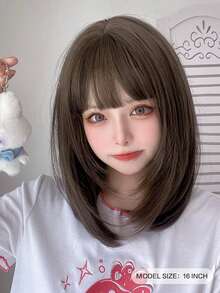 alicegarden 1 款合成耐热直发假发，带刘海，16 英寸长短直发假发，由纤维制成，时尚假发，自然逼真的假发 - 棕色 - 查看 2