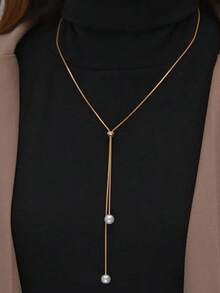 1pc Stainless Steel Minimalist Pearl Adjustable Long Necklace, Unique Design Dainty Pearl Choker Necklace - Gold - View 2