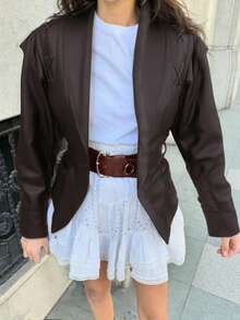 Chaqueta de cuero de PU marrón vintage para mujer, con cuello vuelto, cuello bajo, versátil, de manga larga, estilo motero con cinturón, abrigo de mujer para otoño/invierno, atuendo de Acción de Gracias, ropa de Navidad