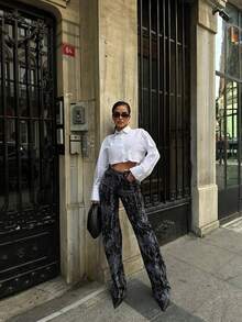 SQUALO 女式阔腿彩色口袋细节做旧复古水洗街头风格牛仔裤破洞镂空阔腿牛仔裤 - 黑色 - 查看 6