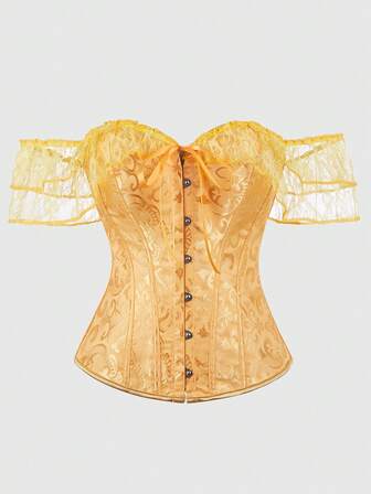 Plus Size Women's Off Shoulder Jacquard Ruched Waist Lace Strap Corset Top, Suitable For New Year Party, Valentine's Day, Holiday, Halloween Costume