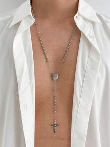 1pc Vintage Style Beaded Chain Cross Pendant Necklace, Stainless Steel Long Chain, Suitable For Men's Daily Wear, Halloween Accessory