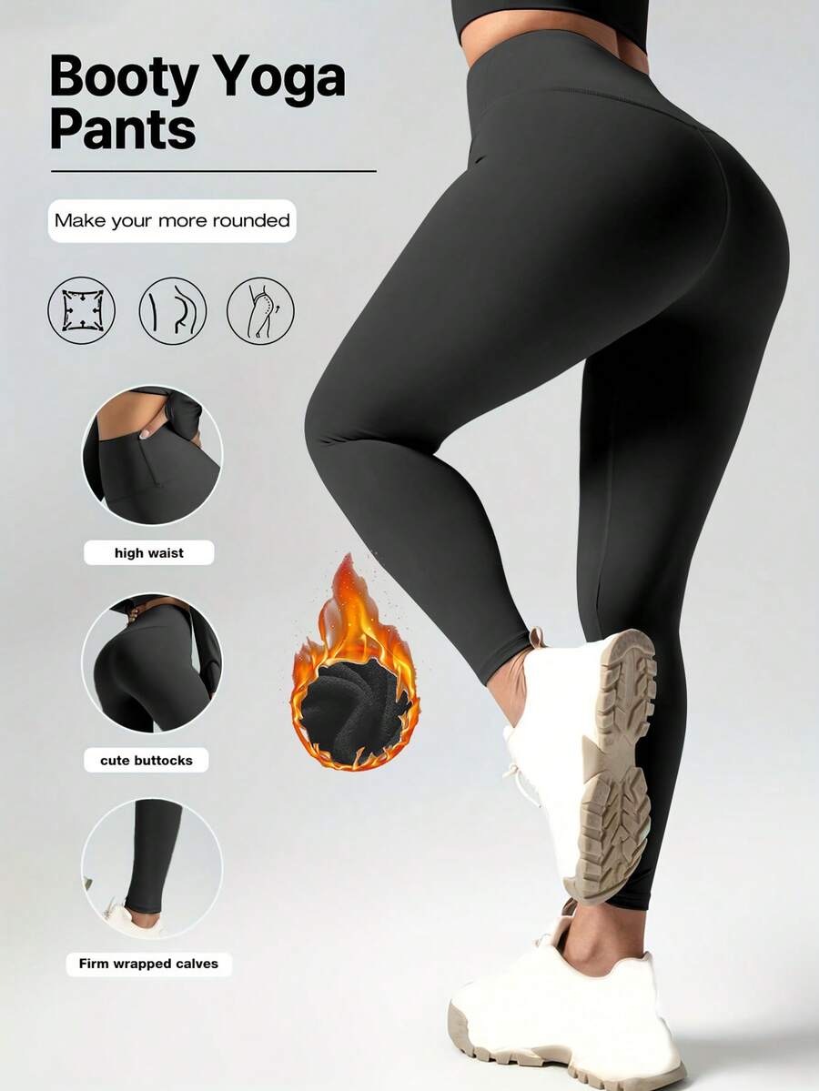 冬季大码女式保暖内衬高腰柔软紧身裤，休闲日常户外骑行运动纯色瑜伽裤，秋冬