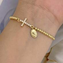 Braccialetto con ciondoli a croce/Madonna/San Giuda/San Benedetto, con zirconi cubici in rame intarsiato, gioiello religioso casual di moda da donna, adatto per uso quotidiano