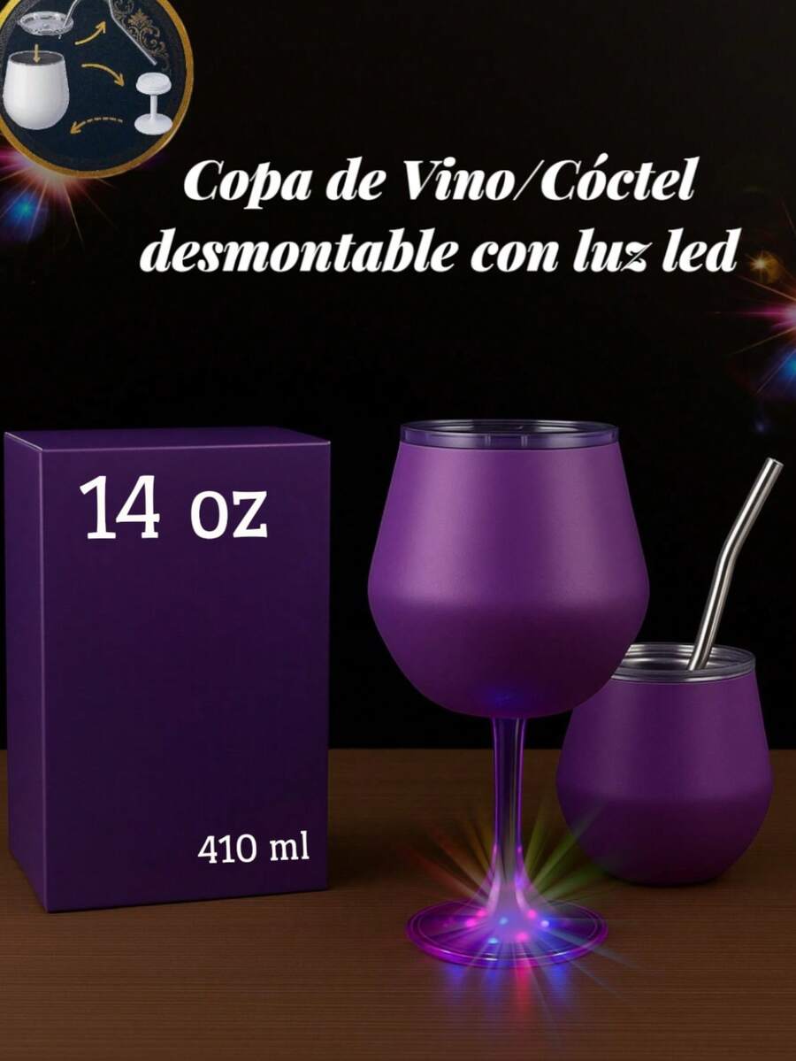 Copa para vino/coctel/jugo/Champán de acero inoxidable armable, FAB-18, Copa, Copa con tapa y popote, vaso de acero inoxidable portátil, Copa para café, Bebidas, Champán, Cócteles, Vaso/taza/Copa aislante de colores variados, capacidad 14 Oz/410 ml. - Morado - Ver 1