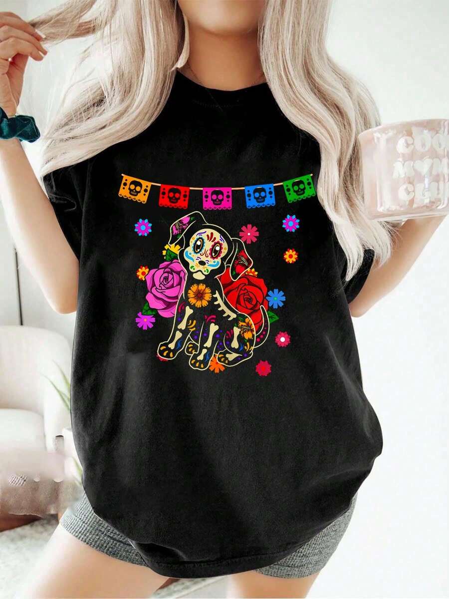 100% Algodón Perro Mexicano Colores del Día de los Muertos Camiseta Gráfica para Mujeres
