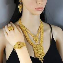 Juego de 5 piezas de accesorios de vestir de lujo con diseño hueco y exagerado para mujer, estilo Dubai e India, incluye joyas de alta gama personalizadas de Oriente Medio, serie nupcial de joyas lujosas, adecuado para asistir a fiestas, reuniones y festivales