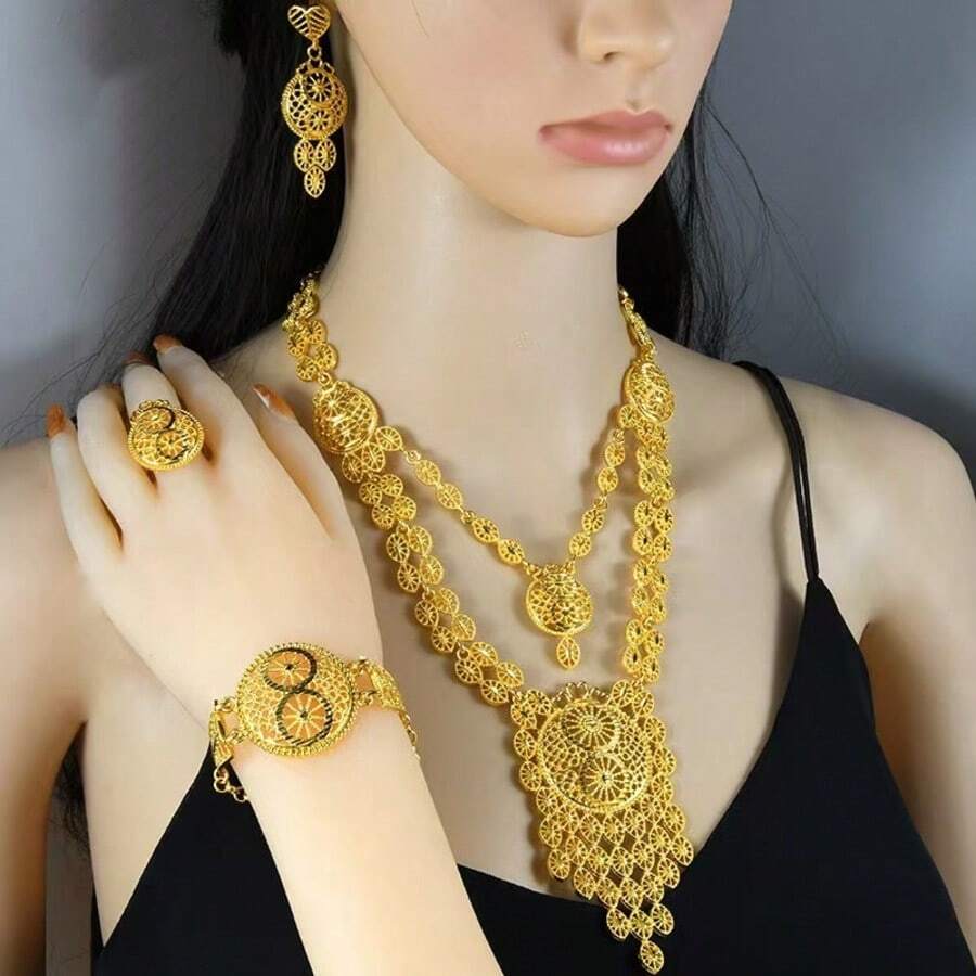 Juego de 5 piezas de accesorios de vestir de lujo con diseño hueco y exagerado para mujer, estilo Dubai e India, incluye joyas de alta gama personalizadas de Oriente Medio, serie nupcial de joyas lujosas, adecuado para asistir a fiestas, reuniones y festivales