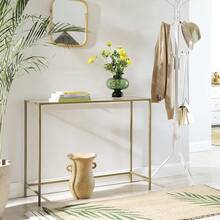 VASAGLE Mesa de Consola, Mesa de Entrada, Extremo del Sofá, Tablero de Vidrio Templado, Marco de Metal, Resistente, Patas Ajustables, para Salón, Entrada, Pasillo, Dorado y Transparente MLGT26G - Oro - Ver 5