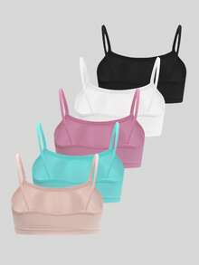 5 件女童可爱休闲时尚吊带背心文胸，无缝柔软舒适无衬垫内衣，适合学生和青少年日常穿着 - 彩色 - 查看 2