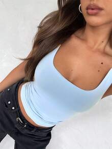 Women's Sleeveless Square Neck Crop Top - Double Layer Summer Fitness Vest, Workout Casual Athletic Shirt For Gym Yoga Running  Sports & Work Out  Sports    Casual    Four Seasons - Màu xanh nhạt - Xem 5