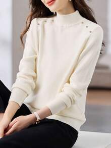 Women's Solid Color Turtleneck Pullover Sweater, Knit Long Sleeve Top For Autumn/Winter