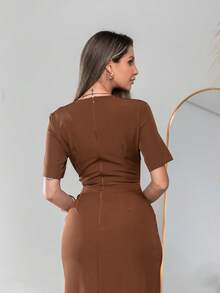 Long Dress With Short Sleeves With Belt Formal And Evening V775 - Rust Brown - View 6
