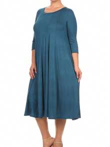 Plus Size Casual 3/4 Sleeves Basic A-Line Pleated Solid Midi Dress  Wedding - Teal - View 2