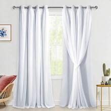 Hiasan 2 Panels Greyish White Blackout Curtains With White Sheer Overlay, Double Layer Mix & Match Thermal Insulated Room Darkening Curtains With Tiebacks For Bedroom And Living Room Decoration - 白色 - 查看 15