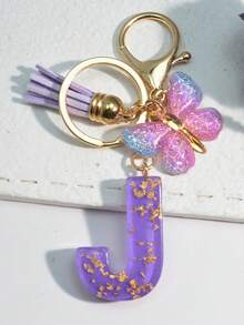 1pc Resin Starry Sky Epoxy English Letter Keychain With Tassel & Fluffy Pom Pom Decor, Gift For Friends & Mothers, Heart Pendant Christmas - Purple - View 14