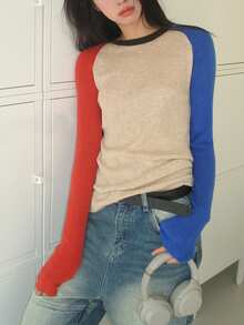 Suéter de mujer con diseño de bloques de color en cuello redondo y mangas raglán, para otoño/invierno - Multicolor - Ver 4
