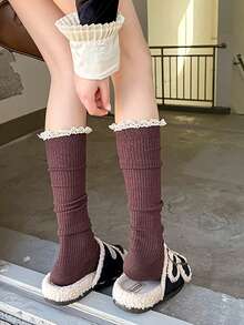 1双秋冬女羊绒小腿蕾丝袜及膝加厚保暖搭配靴子洛丽塔显瘦百搭长筒袜 - 彩色 - 查看 6