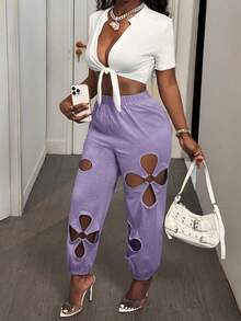 Women's Sexy Drawstring Waist O-Ring Detail Casual Ripped Pants Everyday Wear,Women's Casual Sports Pants,High-Stretch Plum Blossom Ripped Hollowed Out Sweatpants Women Fashion Casual Pants- Soft, Solid Color, Machine Washable, Perfect For All Seasons - Màu tím - Xem 5