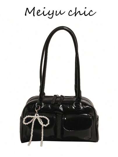 New Fashion Classic Full Match Solid Color PU Waterproof Fabric Women's Handbag With Beaded Bow Decorative Design Large Capacity Shoulder Bag, Shell Bag, Women's Wallet, Perfect For Shopping, Commuting, Travel And Other Occasions