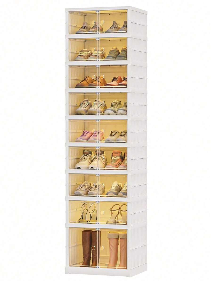 6layer Foldable Shoe Rack Organization Rack, Plastic Shoe Rack, Foldable Shoe Rack Storage Box, Transparent Shoe Box, Stackable, With Door, Easy To Assemble, Shoe Cabinet - 白色 - 查看 1