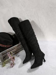2025 New Fashionable Western Pleated Tall Boots For Women, Pointed Toe High Heel Riding Boots, European And American Style - Black - View 5