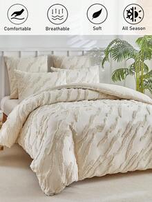 2/3件套卡其色斑马纹簇绒提花被套套装，现代波西米亚风格四季皆宜床上用品套装，大号/特大号被套，柔软透气，可机洗，拉链封口（1个被套+1/2个枕套，不含填充物） - 卡其色 - 查看 2