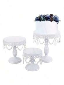 3Pcs Antique Cake Stand Set - Round Metal Cupcake Stands With Pendants And Beads - Elegant Dessert Display, For For Wedding, Birthday Party Decor - trắng - Xem 7