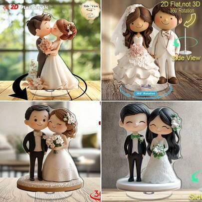 1 件优雅的 2D 旋转亚克力新娘和新郎桌面装饰 - 适合婚礼、订婚和周年纪念，室内/室外使用，无需电源，婚礼装饰