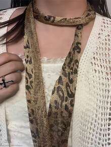 1pc Spicy Girl Y2K Leopard Print Gold And Silver Sparkling Silk Scarf Four Seasons Usable Ribbon Narrow Long Silk Scarf Fashionable Scarf