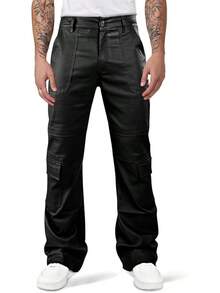 Mens Faux Leather Cargo Pants Flared Bell Bottoms With Pockets For Men 70s Party Pants-20256688 - 黑色 - 查看 11