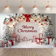 圣诞主题背景，树形图案，点缀着树木和礼物，是节日墙面装饰的理想之选。非常适合圣诞节、生日和婚礼庆典。适用于客厅和花园等室内外场所。 - 彩色 - 查看 3