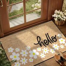 1pc Floral Pattern "Hello" Doormat, Machine Washable Brown Polyester Fiber Welcome Mat, Low Pile, Knitted, Suitable For Kitchen, Dining Room, Hallway, Bathroom, Bedroom Floor Mats, Christmas Holiday