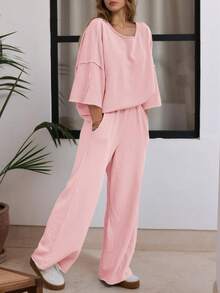 Fisoew Womens 2 Piece Lounge Sets Casual 3/4 Sleeve Tunic Tops Loose Wide Leg Pants Tracksuit Fall Travel Outfits - 粉色 - 查看 3