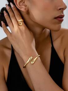 3 件套简约金属几何泪珠抛光手链、戒指和耳环首饰套装女士