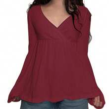 Women's Y2K Fairy Lace Trim Tops Long Sleeve V Neck Front Wrap T-Shirt Casual Fitted Flowy Shirts 2000s Aesthetic Coquette Blouse Top Streetwear - Màu Đỏ Sâu - Xem 2