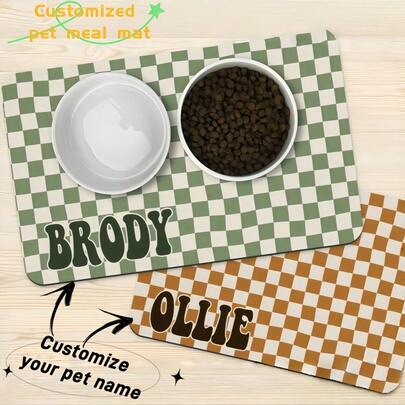 1 Custom Vintage Check Dog Food Mat Name Printed On The Mat; The Perfect Thanksgiving, Halloween, Or Christmas Gift For Every Pet Lover.