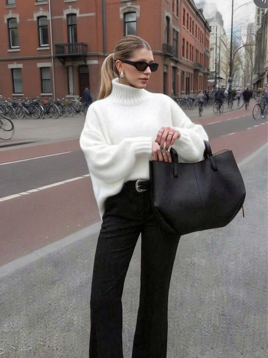 FOR BEAUTY Women's Autumn/Winter New High Neck White Simple Commuting Style Sweater, Fashionable Slim Fit, Elegant Fashion, Ribbed Long Sleeve Daily Leisure And Versatile Commuting Lazy Style Warm Knitted Sweater Top New Year